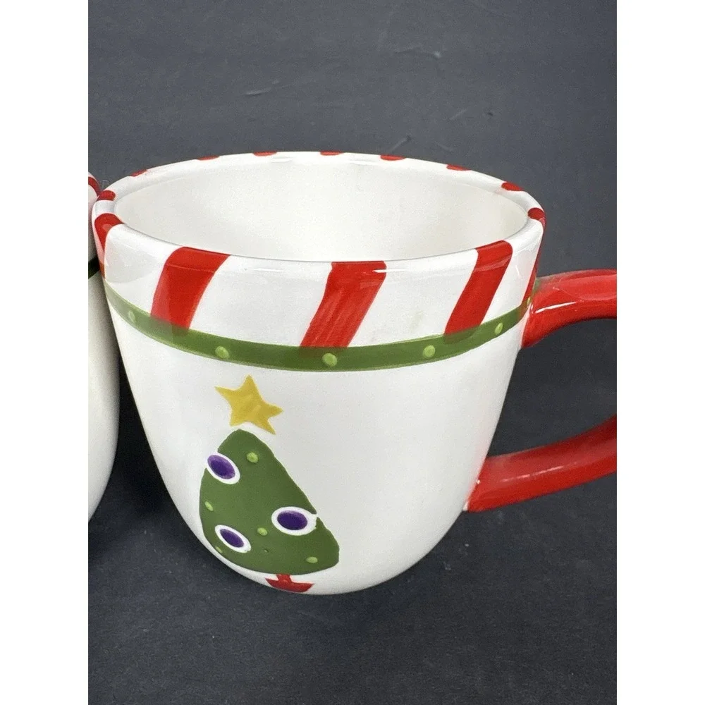 Pier 1 Christmas Tree Mugs Set of 2 Candy Cane Stripe Ironstone Holiday